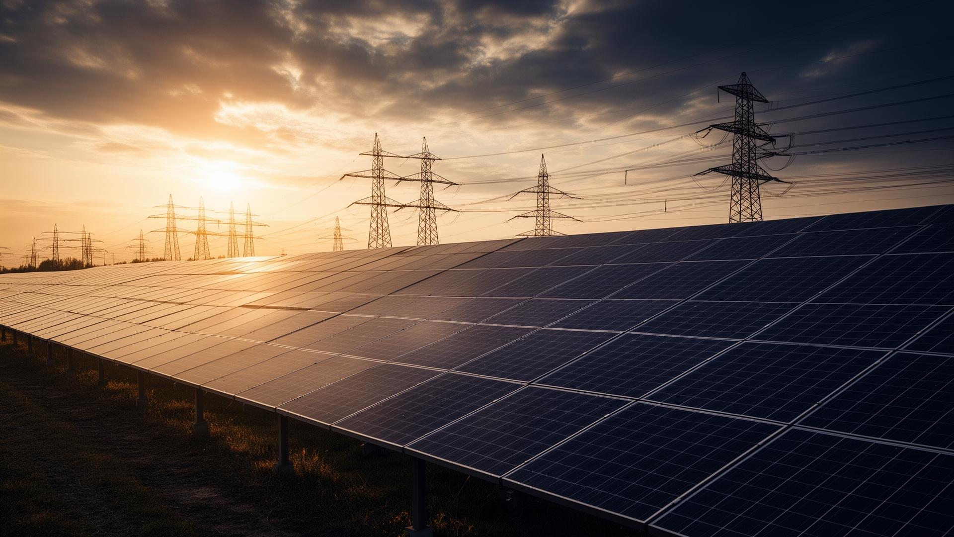 Planta solar fotovoltaica y torres de alta tensión al atardecer